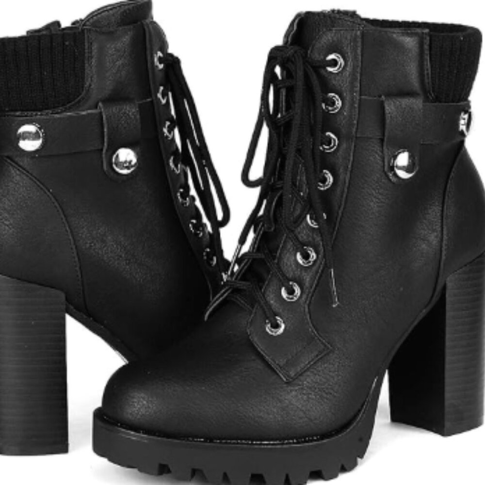 Lace-Up Combat Ankle Boots – High Chunky Heel Fashion Booties